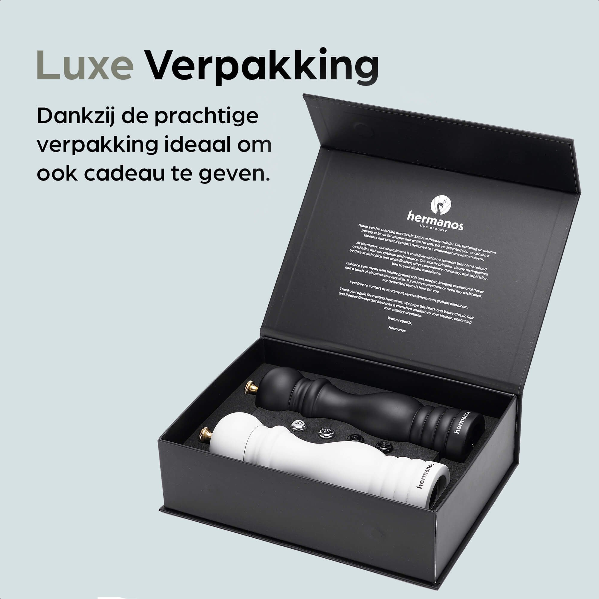 Peper en Zoutmolen Set Handmatig Zwart-Wit - Rome - 22cm