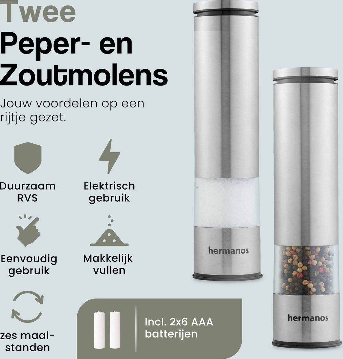 Peper- & Zoutmolen Set Elektrisch - Zilverkleurig
