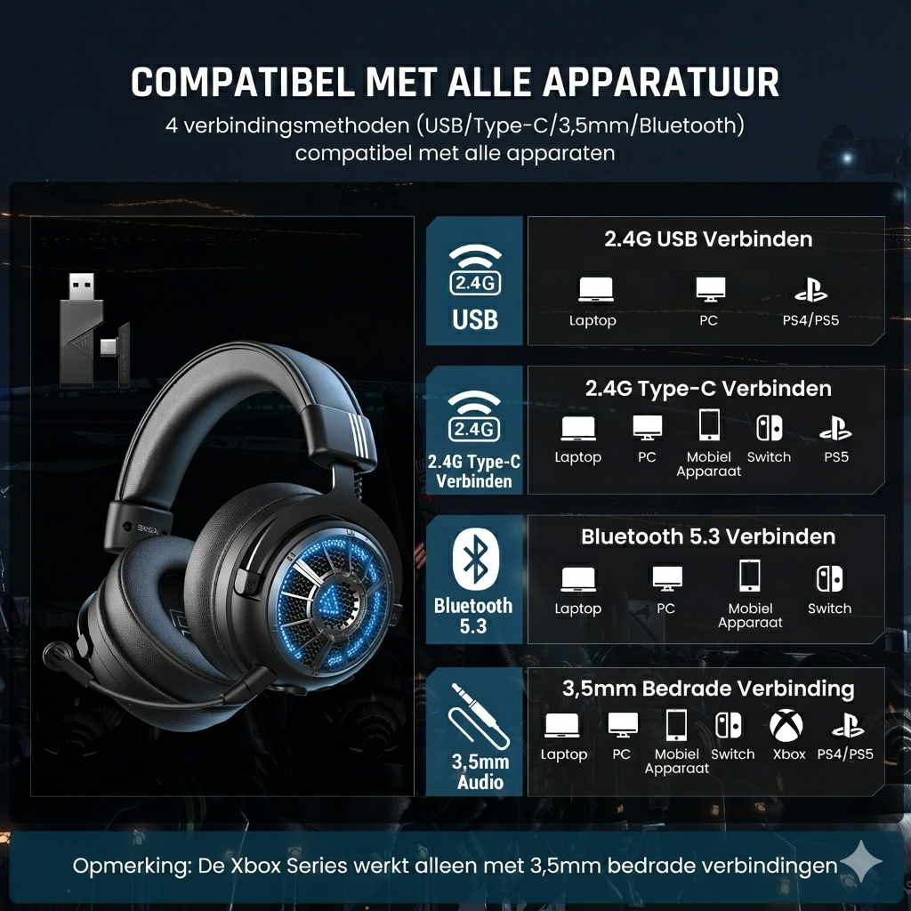 Gaming Headset Draadloos met Microfoon - PS5 PC Xbox Switch - Eksa
