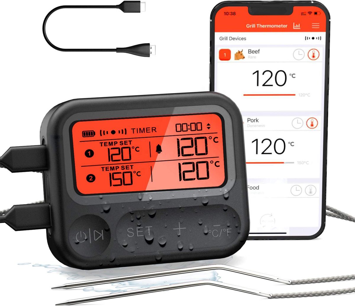 Barbecue Thermometer - 2 sondes - USB-C - HBF20